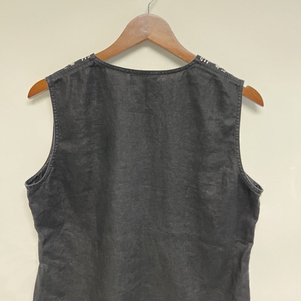 Black 100% Linen White Embroidery Sleeveless Top Medium Boho Lagenlook Timeless - Picture 7 of 11